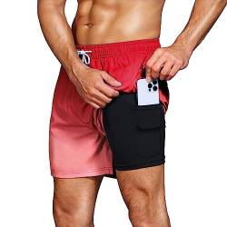 HMIYA Badehose Herren 2 in 1 Badeshorts Schwimmhose Schnelltrocknend Kurz Boardshorts mit Kompression und Reißverschlusstaschen(Farbverlauf rot M) von HMIYA