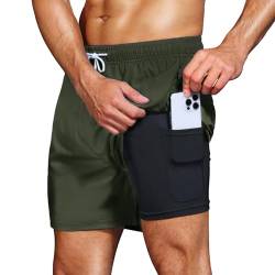 HMIYA Badehose Herren 2 in 1 Badeshorts Schwimmhose Schnelltrocknend Kurz Boardshorts mit Kompression und Reißverschlusstaschen(Green 01 4XL) von HMIYA