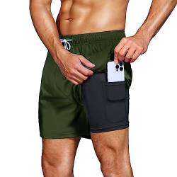 HMIYA Badehose Herren 2 in 1 Badeshorts Schwimmhose Schnelltrocknend Kurz Boardshorts mit Kompression und Reißverschlusstaschen(Green 01 L) von HMIYA