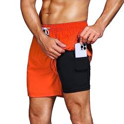 HMIYA Badehose Herren 2 in 1 Badeshorts Schwimmhose Schnelltrocknend Kurz Boardshorts mit Kompression und Reißverschlusstaschen(Orange A M) von HMIYA