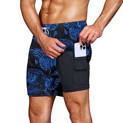 HMIYA Badehose Herren 2 in 1 Badeshorts Schwimmhose Schnelltrocknend Kurz Boardshorts mit Kompression und Reißverschlusstaschen(Palmblatt Blau 3XL) von HMIYA