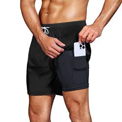 HMIYA Badehose Herren 2 in 1 Badeshorts Schwimmhose Schnelltrocknend Kurz Boardshorts mit Kompression und Reißverschlusstaschen(Schwarz 4XL) von HMIYA