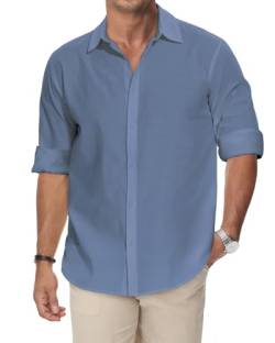 HMIYA Baumwolle Leinenhemd Herren Langarm Hemd Knopfleiste Freizeithemd Regular Fit Stehkragen Hemd,Blau,4XL von HMIYA