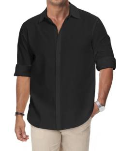 HMIYA Baumwolle Leinenhemd Herren Langarm Hemd Knopfleiste Freizeithemd Regular Fit Stehkragen Hemd,Schwarz,2XL von HMIYA