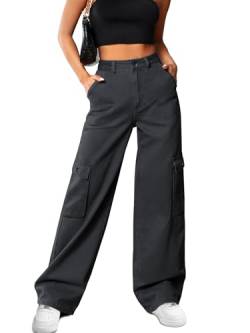 HMIYA Cargohose Damen Baggy Y2K High Waist Cargo Hose Weite Baumwolle Jogginghose Lang Freizeithose mit Taschen(Dunkelgrau A,XL) von HMIYA