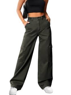 HMIYA Cargohose Damen Baggy Y2K High Waist Cargo Hose Weite Baumwolle Jogginghose Lang Freizeithose mit Taschen(Dunkelgrün,M) von HMIYA