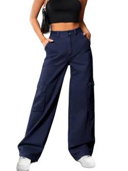 HMIYA Cargohose Damen Baggy Y2K High Waist Cargo Hose Weite Baumwolle Jogginghose Lang Freizeithose mit Taschen(Marineblau A,L) von HMIYA