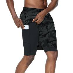 HMIYA Herren 2 in 1 Shorts Fitness Sporthose Kurz Jogginghose Schnelltrocknende Laufhose mit Kompressionsshorts und Taschen Reißverschlussfach(Camo Grau,EU-XL/US-L) von HMIYA