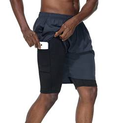 HMIYA Herren 2 in 1 Shorts Fitness Sporthose Kurz Jogginghose Schnelltrocknende Laufhose mit Kompressionsshorts und Taschen Reißverschlussfach(Dunkelgrau,EU-3XL/US-2XL) von HMIYA