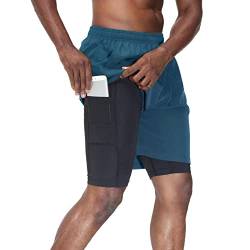 HMIYA Herren 2 in 1 Shorts Fitness Sporthose Kurz Jogginghose Schnelltrocknende Laufhose mit Kompressionsshorts und Taschen Reißverschlussfach(Pfauen blau,EU-L/US-M) von HMIYA