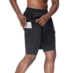 HMIYA Herren 2 in 1 Shorts Fitness Sporthose Kurz Jogginghose Schnelltrocknende Laufhose mit Kompressionsshorts und Taschen Reißverschlussfach(Schwarz,EU-4XL/US-3XL) von HMIYA
