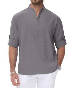 HMIYA Herren Leinenhemd Sommerhemd Freizeithemd Baumwolle Langarm Hemd Herren Henley-Kragen Lässiges Regular Fit Shirts von HMIYA