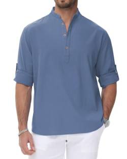 HMIYA Herren Leinenhemd Sommerhemd Freizeithemd Baumwolle Langarm Hemd Herren Henley-Kragen Lässiges Regular Fit Shirts von HMIYA