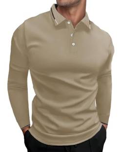 HMIYA Herren Poloshirt Langarm,Baumwolle,bequemes Polo mit lässigem Kragen,leichtes Langarmshirt,Khaki,L von HMIYA