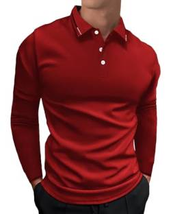 HMIYA Herren Poloshirt-Langarm Poloshirt aus Baumwolle atmungsaktiv Golf Casual T-Shirt,Rot,M von HMIYA
