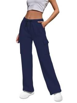 HMIYA Jogginghose Damen Baumwolle Cargohose High Waist Cargo Hose Lang Freizeithose weitem Bein Sporthose Traininghose mit Taschen(Marineblau A,XL) von HMIYA