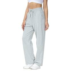 HMIYA Jogginghose Damen Baumwolle Freizeithose Lang offenem Boden Yogahose Sporthose Geradem Bein Hose mit Taschen (Grau M) von HMIYA