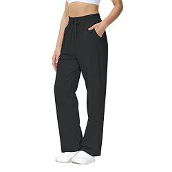 HMIYA Jogginghose Damen Baumwolle Freizeithose Lang offenem Boden Yogahose Sporthose Geradem Bein Hose mit Taschen (Schwarz 3XL von HMIYA