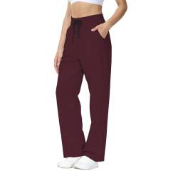 HMIYA Jogginghose Damen Baumwolle Freizeithose Lang offenem Boden Yogahose Sporthose Geradem Bein Hose mit Taschen (Tiefrot 3XL) von HMIYA