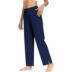 HMIYA Jogginghose Damen Baumwolle Schlitz Freizeithose offenem Boden Yogahose Lang Sporthose Geradem Bein Hose mit Taschen(Marineblau A XXL) von HMIYA