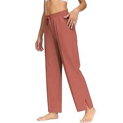 HMIYA Jogginghose Damen Baumwolle Schlitz Freizeithose offenem Boden Yogahose Lang Sporthose Geradem Bein Hose mit Taschen(Rötlich braun L) von HMIYA