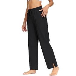 HMIYA Jogginghose Damen Baumwolle Schlitz Freizeithose offenem Boden Yogahose Lang Sporthose Geradem Bein Hose mit Taschen(Schwarz 4XL) von HMIYA