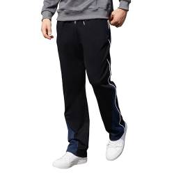 HMIYA Jogginghose Herren Baumwolle Sporthose Lange Sweathose Atmungsaktiv Freizeithose weites Bein Trainingshose mit Reißverschlusstaschen(Schwarz mit Marineblau,M) von HMIYA