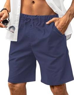 HMIYA Kurze Hosen Herren Leinen Shorts Leichte Bermuda Sommershorts Atmungsaktiv Leinenhose Kurz mit Taschen(Marineblau,EU-3XL) von HMIYA