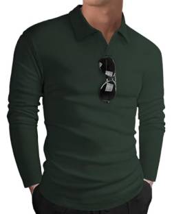HMIYA Langarmshirt Herren Baumwolle Poloshirt Langarm Sweatshirt V-Ausschnitt Casual T-Shirts (Dunkelgrün,3XL) von HMIYA