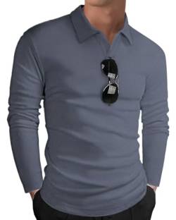 HMIYA Langarmshirt Herren Baumwolle Poloshirt Langarm Sweatshirt V-Ausschnitt Casual T-Shirts (Graublau,XL) von HMIYA