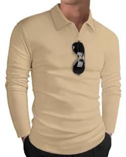 HMIYA Langarmshirt Herren Baumwolle Poloshirt Langarm Sweatshirt V-Ausschnitt Casual T-Shirts (Khaki,L) von HMIYA