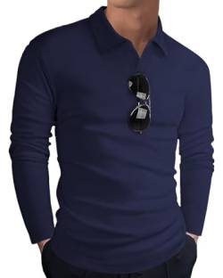 HMIYA Langarmshirt Herren Baumwolle Poloshirt Langarm Sweatshirt V-Ausschnitt Casual T-Shirts (Marine,3XL) von HMIYA