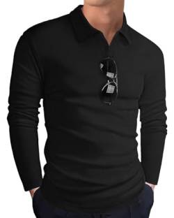 HMIYA Langarmshirt Herren Baumwolle Poloshirt Langarm Sweatshirt V-Ausschnitt Casual T-Shirts (Schwarz,3XL) von HMIYA