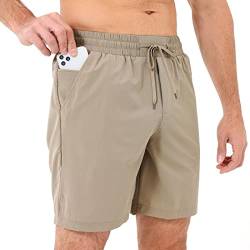 HMIYA Sporthose Herren Kurz Sports Shorts Schnell Trocknend Kurze Hosen mit Reissverschluss Taschen (Khaki,S) von HMIYA