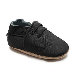 HMIYA Weiche Leder Krabbelschuhe Babyschuhe Lauflernschuhe mit Wildledersohlen für Jungen und Mädchen 0-6 Monate 6-12 Monate 12-18 Monate 18-24 Monate（0-6 Monate，Schwarz） von HMIYA