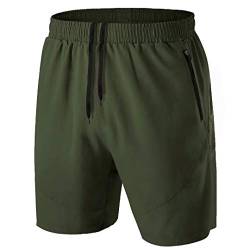 Herren Sport Shorts Kurze Hose Schnell Trocknend Sporthose Leicht mit Reißverschlusstasche(Armeegrün,EU-2XL/US-XL) von HMIYA