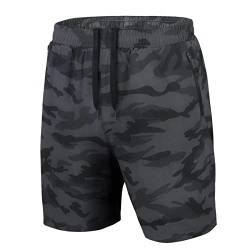 Herren Sport Shorts Kurze Hose Schnell Trocknend Sporthose Leicht mit Reißverschlusstasche(Camo Grau,EU-3XL/US-2XL) von HMIYA