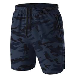 Herren Sport Shorts Kurze Hose Schnell Trocknend Sporthose Leicht mit Reißverschlusstasche(Camo Marine,EU-3XL/US-2XL) von HMIYA