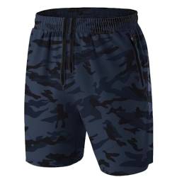 Herren Sport Shorts Kurze Hose Schnell Trocknend Sporthose Leicht mit Reißverschlusstasche(Camo Marine,EU-XL/US-L) von HMIYA