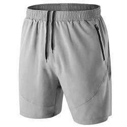 Herren Sport Shorts Kurze Hose Schnell Trocknend Sporthose Leicht mit Reißverschlusstasche(Hellgrau,EU-3XL/US-2XL) von HMIYA