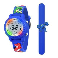 HMJIA 3D Cartoon Design Armbanduhr für Kinder Jungen und Mädchen 3ATM Wasserdicht Kinderuhr mit Wecker/Datum/Stoppuhr/LED (Blaue Dino) von HMJIA