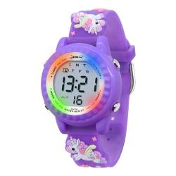 HMJIA 3D Cartoon Design Armbanduhr für Kinder Jungen und Mädchen 3ATM Wasserdicht Kinderuhr mit Wecker/Datum/Stoppuhr/LED (LED Einhorn Violettes) von HMJIA