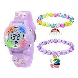 HMJIA 3D Cartoon Design Armbanduhr für Kinder Jungen und Mädchen 3ATM Wasserdicht Kinderuhr mit Wecker/Datum/Stoppuhr/LED (LED Lavendel Einhorn) von HMJIA