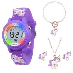 HMJIA Kinder Einhorn Digitales Uhren und Halskette Set wasserdichte Armbanduhr mit Alarm Stoppuhr Blinkende Lichter 3D Cartoon Silikonband Geschenk für 3-12 jährige Mädchen (Violettes Einhorn Set) von HMJIA