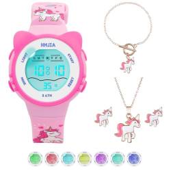 HMJIA Kinderuhr Mädchen mit Katzenmotiv Halsketten Set 3ATM Wasserdicht Armbanduhr mit Alarm Stoppuhr Licht Silikonband Kinderuhr Digital Geburtstag für 3-12 Jahre Mädchen (Einhorn) von HMJIA