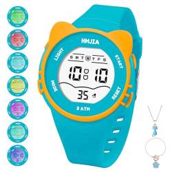 HMJIA Kinderuhr Mädchen mit Katzenmotiv Halsketten Set 3ATM Wasserdicht Armbanduhr mit Alarm Stoppuhr Licht Silikonband Kinderuhr Digital Geburtstag für 3-12 Jahre Mädchen (Grün) von HMJIA