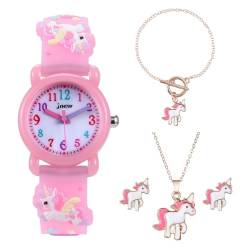 HMJIA Mädchen und Jungen Analog Quarz Uhr mit Cartoon Design 30M wasserdichte SilikonArmband Japanischen Quarzwerk Lern Armbanduhr für Kinder 3-10 Jahre (Rosa Einhorn Set) von HMJIA