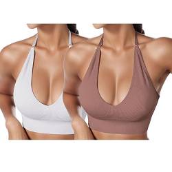 2er Pack BHS Damen Neckholder Sport BH Rückenfrei Tiefer V Ausschinitt Sport Bustier Gepolstert Sexy Gym Push Up Ohne Bügel Bra Crop Top Backless Verstellbare Träger von HMLTD