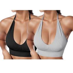 2er Pack BHS Damen Neckholder Sport BH Rückenfrei Tiefer V Ausschinitt Sport Bustier Gepolstert Sexy Gym Push Up Ohne Bügel Bra Crop Top Backless Verstellbare Träger von HMLTD