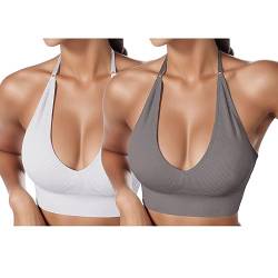 2er Pack BHS Damen Neckholder Sport BH Rückenfrei Tiefer V Ausschinitt Sport Bustier Gepolstert Sexy Gym Push Up Ohne Bügel Bra Crop Top Backless Verstellbare Träger von HMLTD